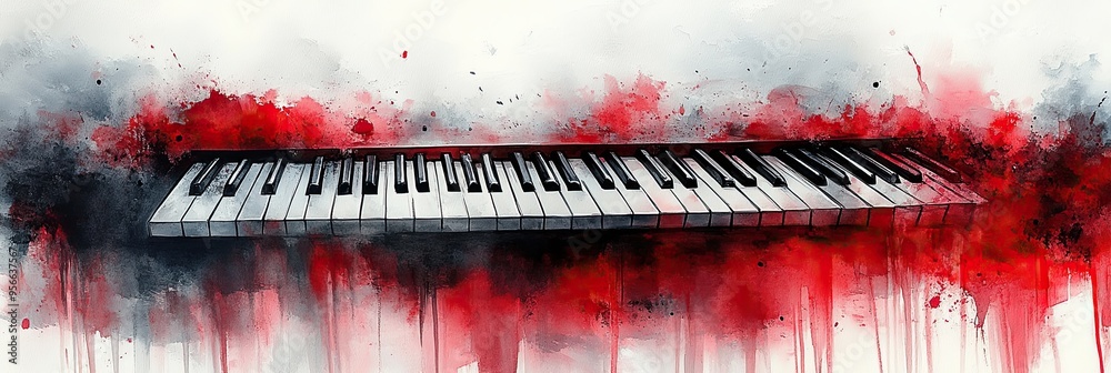 Poster Abstract Piano Keys with Red and Black Watercolor Wash