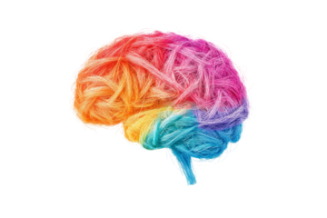 Human brain made of colored yarn isolated on transparent background PNG, concept of neurodiversity and mental problems