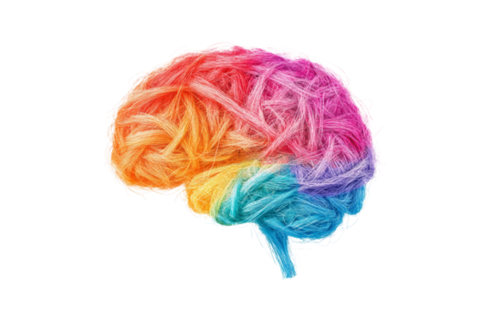 Human brain made of colored yarn isolated on transparent background PNG, concept of neurodiversity and mental problems