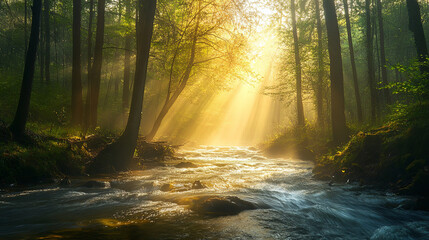 Obraz premium Misty forest river with sunlight breaking through the trees, illuminating the flowing water