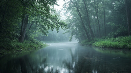 Obraz premium Misty morning in a forest with a river running through, the water reflecting the foggy sky