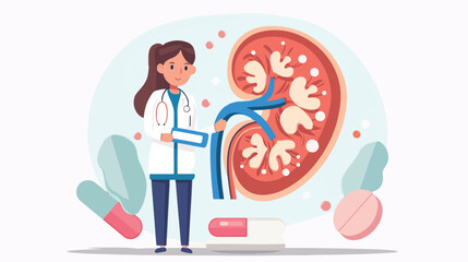 Doctor Treating Kidney Woman in Uniform with Instrument