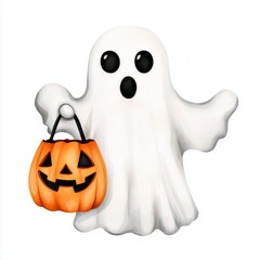 A single cute ghost holding a trickortreat bag, watercolor illustration, clipart, isolated on pure white background
