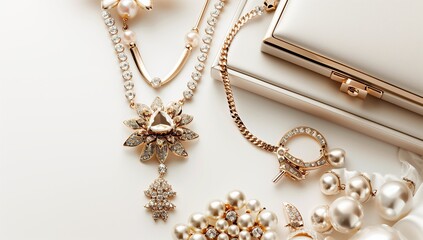 Jewelry and accessories for women, golden necklaces with pearls on a white background