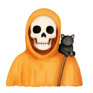 recommend clip art: A single cute grim reaper with a black cat on his shoulder, watercolor illustration, clipart, isolated on pure white background