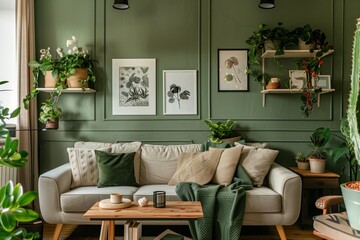 A living room with sage green walls, adorned with plants and framed botanical prints.