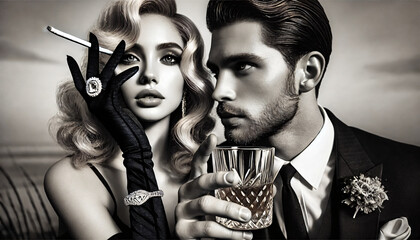 Retro couple at party night, monochrome color theme