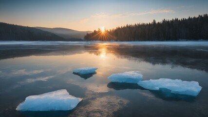 Fototapeta premium Frozen lake background with ice crack textures