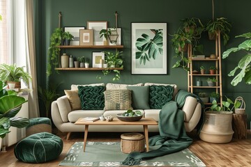Green living room interior with plants, a wooden shelf, and a sofa decorated in a green color scheme
