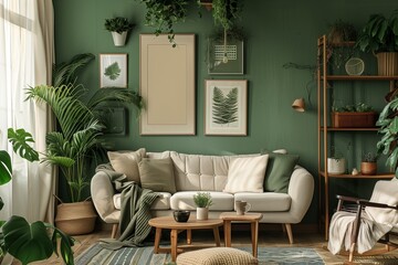Fototapeta premium Eco-friendly living room with green walls, wooden furniture, and potted plants