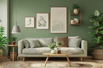 A green living room wall with three empty picture frames, soft and natural lighting, cozy home decor