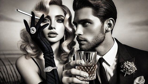 Retro couple at party night, monochrome color theme