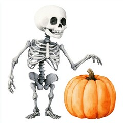 Fototapeta premium A single cute Halloween skeleton dancing with a pumpkin, watercolor illustration, clipart, isolated on pure white background