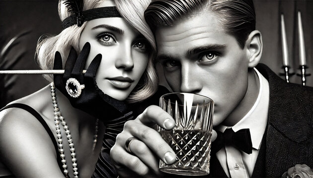 Retro couple at party night, monochrome color theme