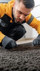 Professional Worker Inspecting Carpet Quality