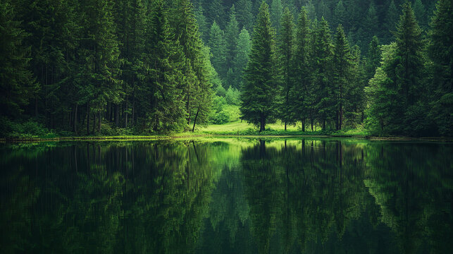 Peaceful forest lake with a mirror-like reflection of towering trees on its surface