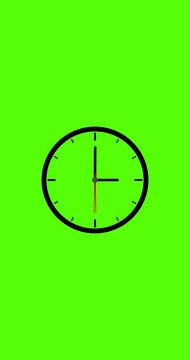 Animation time lapse of a clock. Blue clock hands on green clock face. Time pointer ticks in 12 hour time loop. Concept Wall clock on green background with copy space. Countdown the day. Vertical