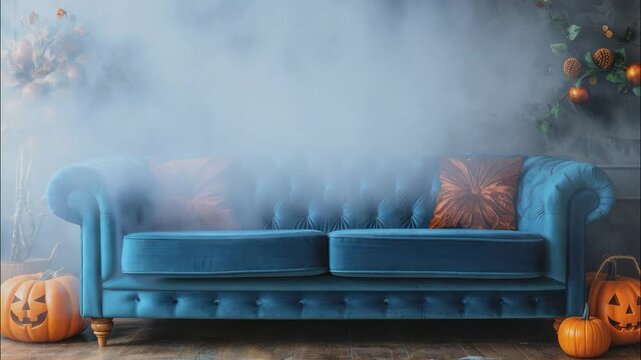 A stylish Halloween setup featuring a plush blue velvet sofa accented with vibrant orange pillows. 