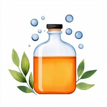A single cute potion bottle with bubbles rising from it, watercolor illustration, clipart, isolated on pure white background