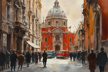 Obraz premium Vibrant Street Scene with Historic Architecture and People