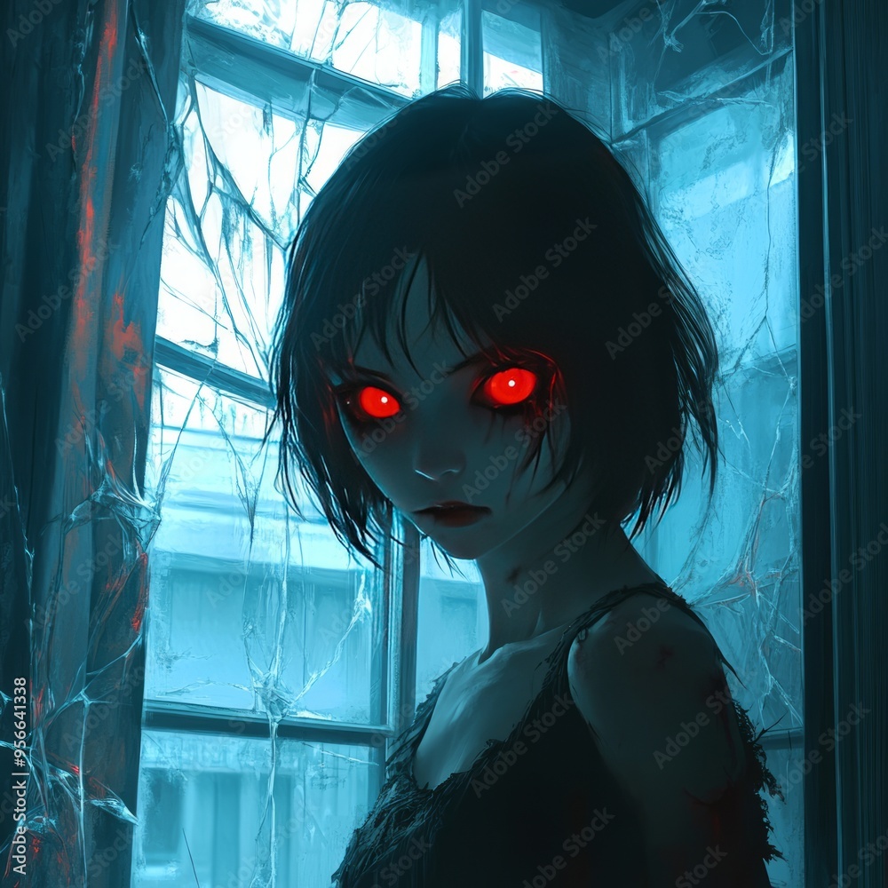 Canvas Prints A young woman with red eyes and bloody face stares through a broken window.