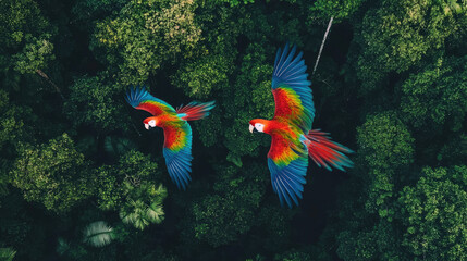 Fototapeta premium Scarlet macaws flying over the treetops of the Amazon rainforest, their bright colors creating a stunning contrast