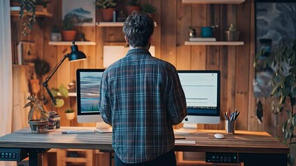 A person using a standing desk in a minimalist home office, emphasizing the importance of ergonomics and health in remote work environments.