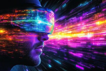 Futuristic Vision: Man with VR Headset and Colorful Light Trails