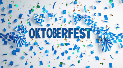 Colorful blue and white confetti is scattered across a surface, celebrating Oktoberfest. The festive atmosphere is emphasized by decorative elements, inviting everyone to join the fun