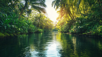 Fototapeta premium Serene river flowing through a tropical forest, with lush vegetation on either side