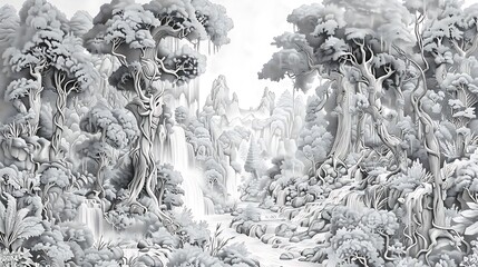 A mystical forest with towering ancient trees, winding paths, and a hidden waterfall, all sketched in intricate pencil details, isolated on white background,