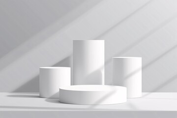 3 white cylindrical pedestal podiums, a product display platform on a grey background with shadow and light effects