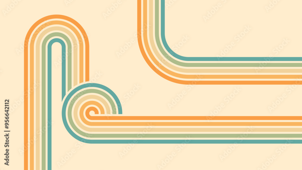 Wall mural abstract background of rainbow groovy wavy line design in 1970s hippie retro style. vector pattern r
