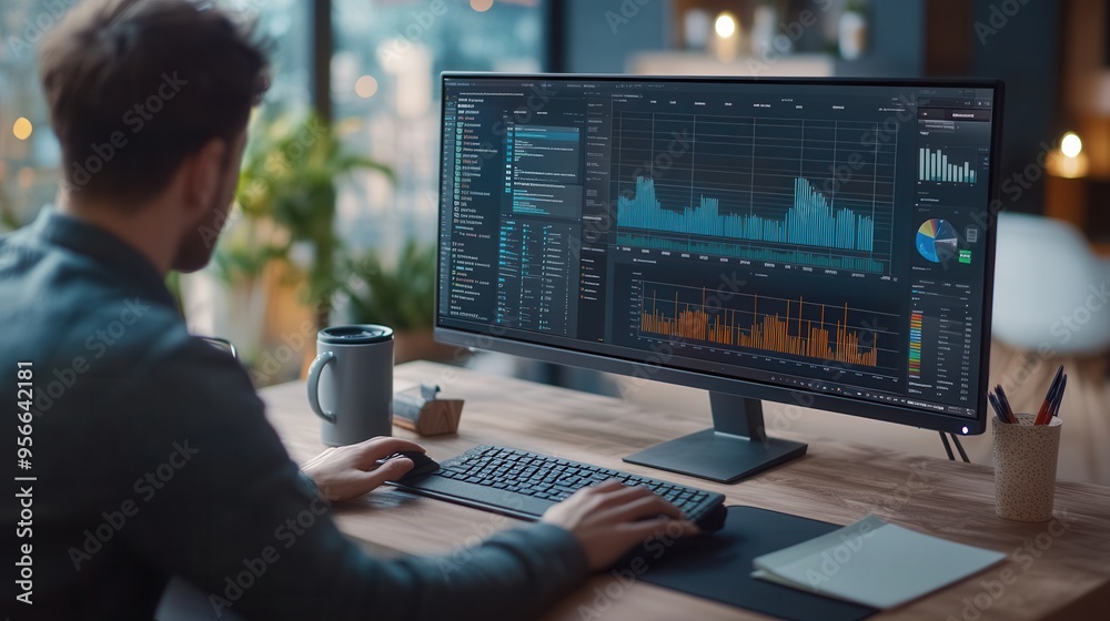 Poster an expert is deeply focused on analyzing data displayed on a large monitor while surrounded by organ