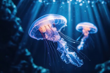 Glowing jellyfish in deep blue ocean, illuminating their surroundings, underwater glowtime, captivating and surreal marine life