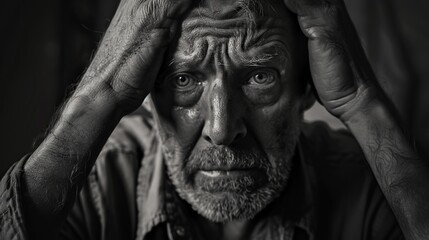Aesthetic Black and White Dusk Portrait of an Old Man with Worried Expression and Hands on Head Reflecting Deep Sorrow