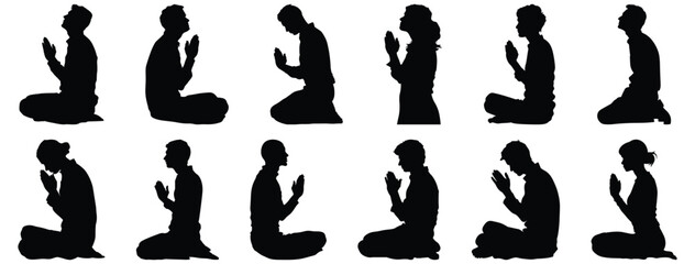 Prayer silhouettes set, faith pack of vector silhouette design, isolated background