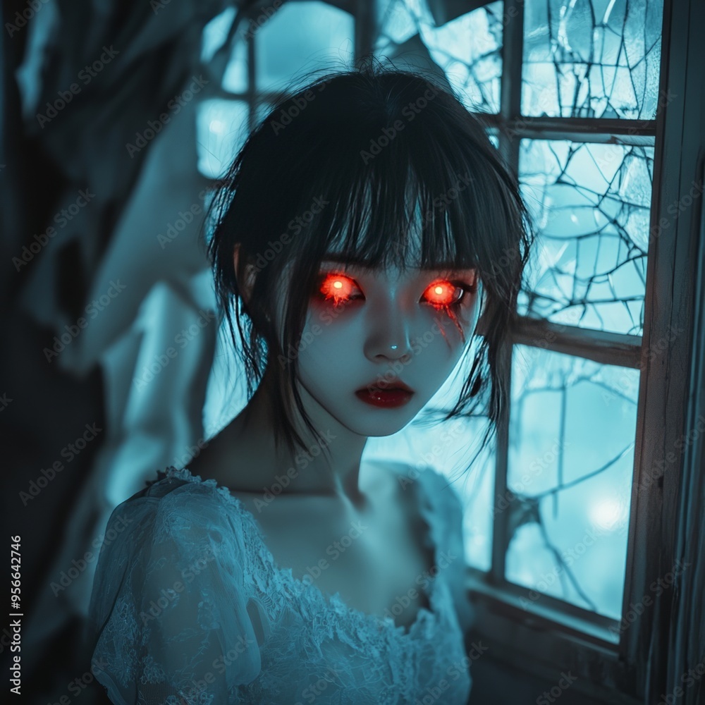 Canvas Prints A young woman with red eyes stares out of a broken window.