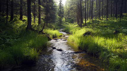 Obraz premium Stream running through a forest meadow, surrounded by wild grasses and tall trees.