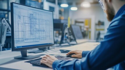 Engineer Working on Computer with Technical Drawings