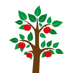 Tree with green leaves and red apples. Vector tree. Apple tree.