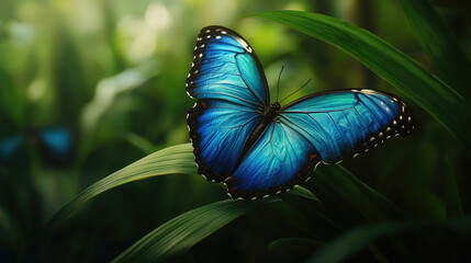 Vibrant blue morpho butterfly fluttering through the dense greenery of the Amazon rainfores