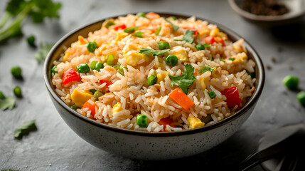 bowl of egg fried rice, filled with colorful vegetables and seasoned to perfection