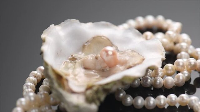 Pearls, Natural pearl inside the oyster shell, close up, necklace rotating over black background. Nacre. Mother-of-pearl. Slow motion, macro shot