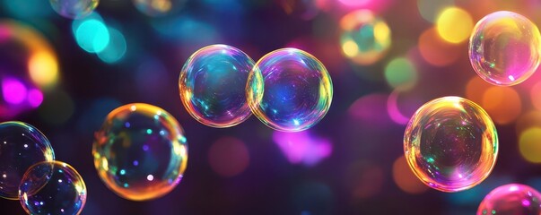 Glowing rainbowcolored bubbles floating in a dark space, playful glowtime, joyful and whimsical