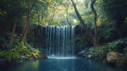 Waterfall plunging into a forest pool, surrounded by ancient trees and vibrant foliage.