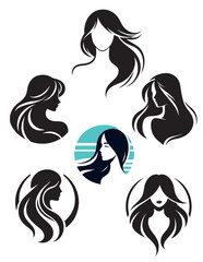 set of logos woman's head with long hairstyle, hair salon