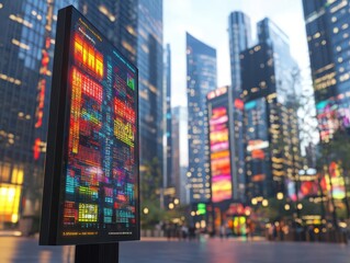 A large digital billboard displays stock market information in a bustling city setting.