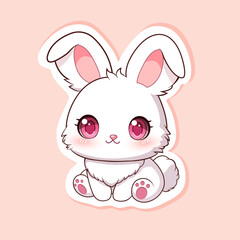 Cartoon sticker with cute white bunny. The funny character with Easter pet animal. The little rabbit girl.