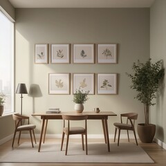 mockup frame  of a living room with a wall featuring three tables
